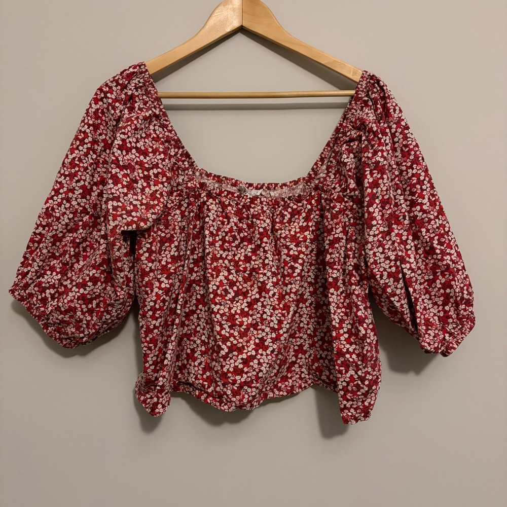 Apiece Apart Red Floral Organic Cotton Puff Sleeve Square Neck Blouse Large